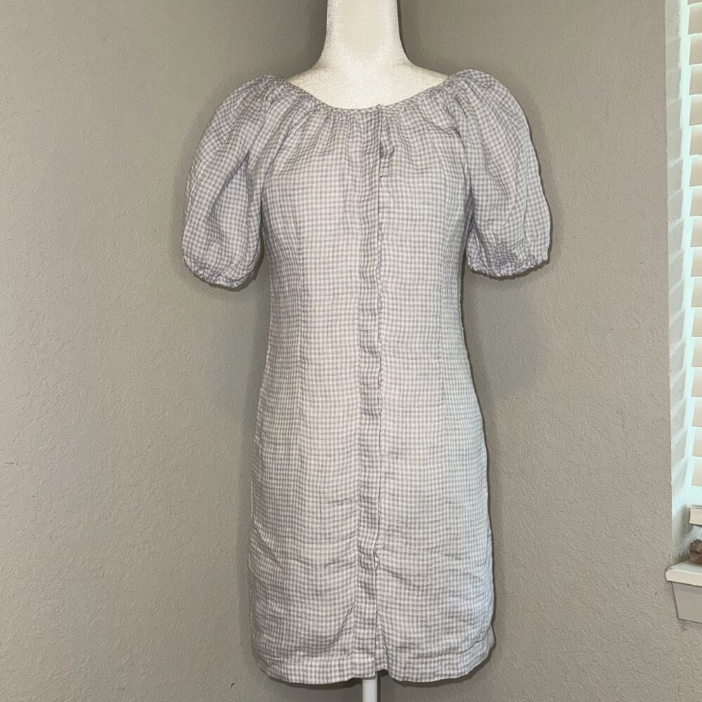 J. Crew Cottage Dress Women's 00 Blue White Gingham Linen Casual Puff Sleeve